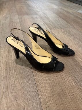 Ellen Tracy Black Patent Slingback Peep-Toe Heels 7.5 Glam Prep Chic Feminine